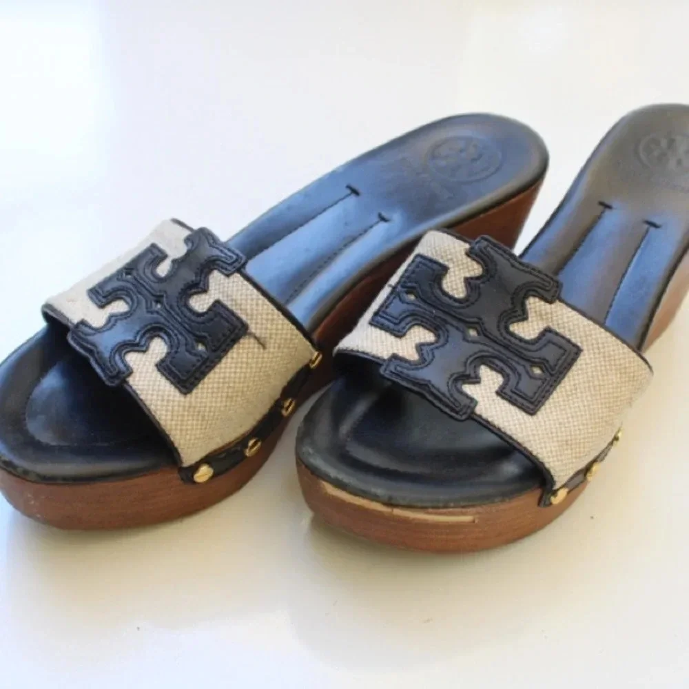 Tory Burch Black Leather and Beige Canvas Wedge Sandals